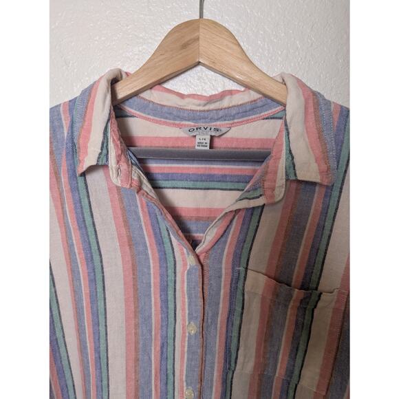 Orvis Linen Blend Button Down Camp Shirt Stripes Women Size L Beachy Outdoors - Picture 3 of 9